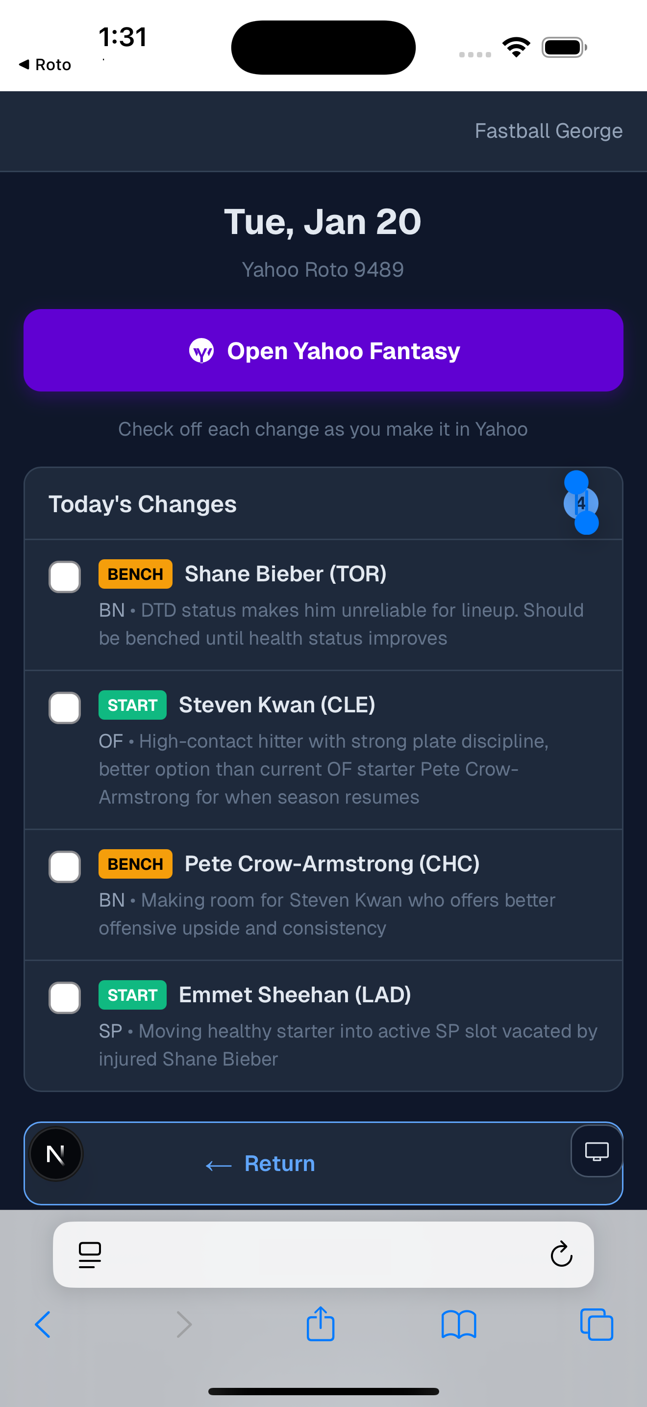 RotoAgent one-tap lineup optimization for Yahoo Fantasy