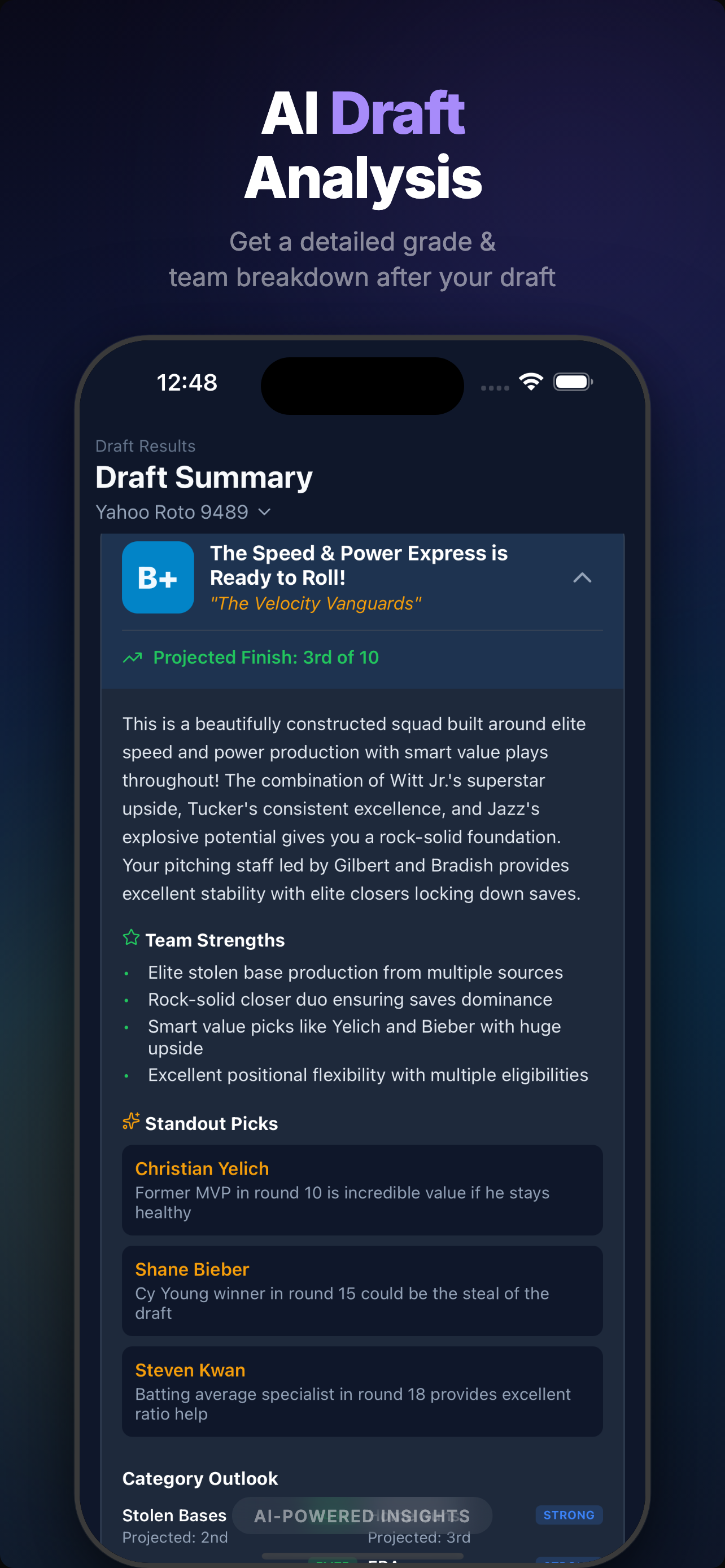 RotoAgent AI draft analysis and grade summary